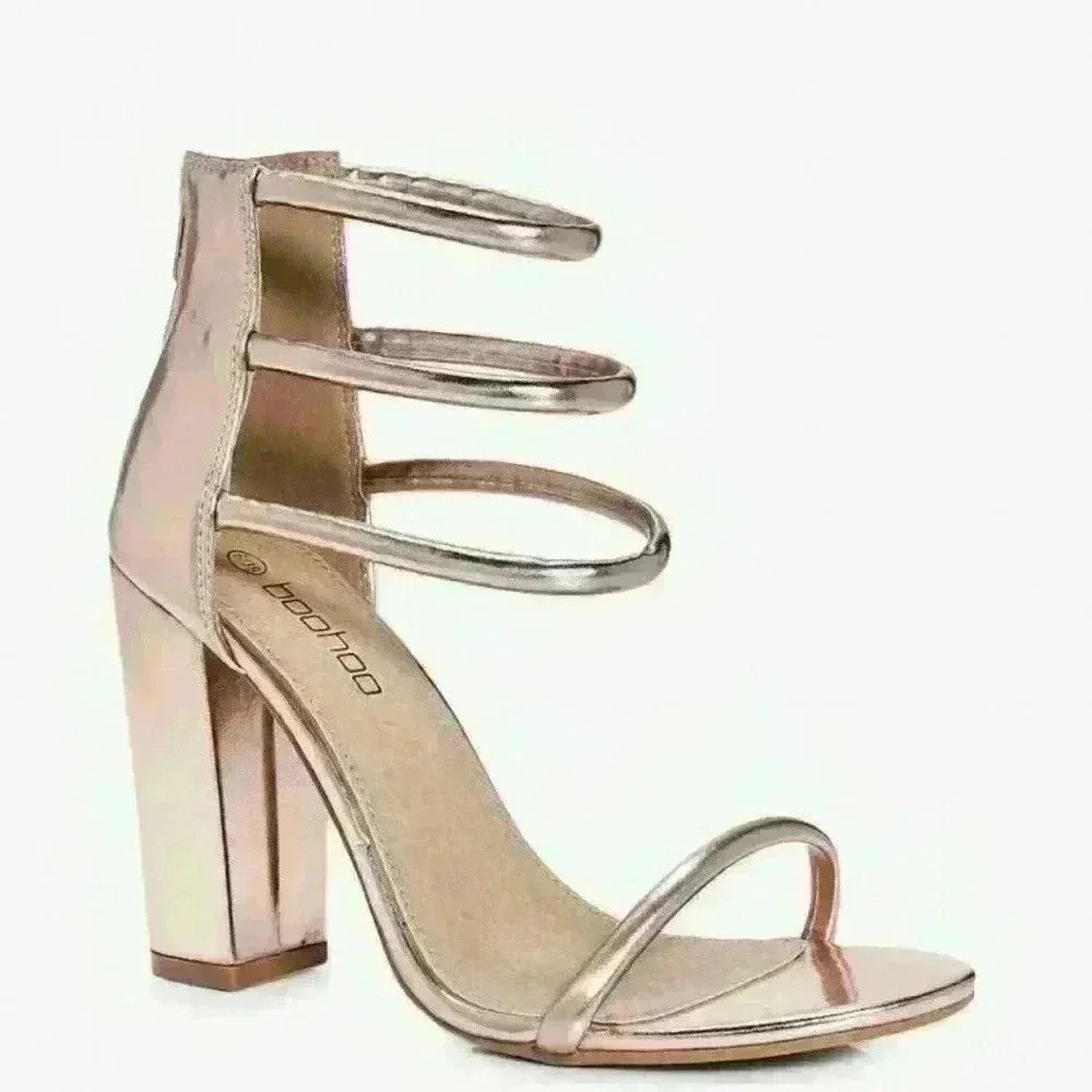 Women's Boohoo Lois Three Strap Ankle Band Block Heels Rose Gold Sz 8us 6uk $43